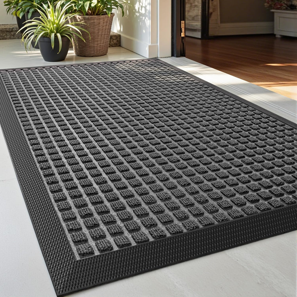 Front Door Mat outside Entrance, Rubber Entry Doormat Heavy Duty, Welcome Mats Non Slip for inside House Floor Entryway Back Doors Exterior Patio, 17X29 Squares Grey