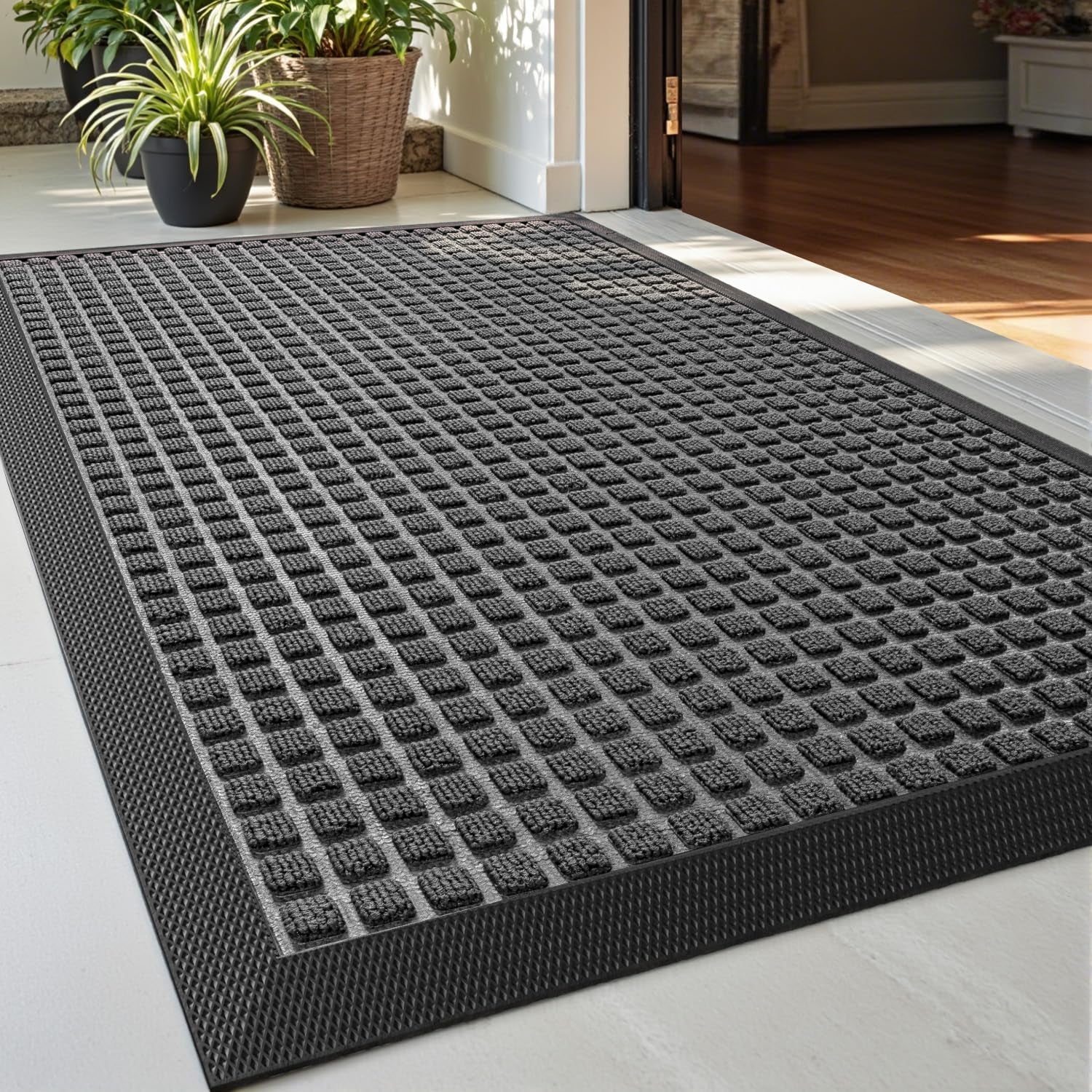 Front Door Mat outside Entrance, Rubber Entry Doormat Heavy Duty, Welcome Mats Non Slip for inside House Floor Entryway Back Doors Exterior Patio, 17X29 Squares Grey