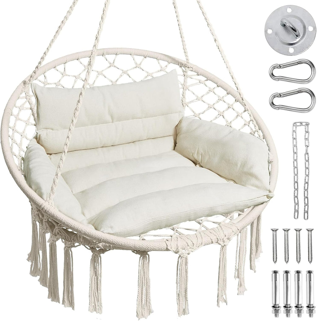 Hammock Chair, Macrame Swing Chair with Comfy Cushion, Boho Hanging Chair for Outdoor & Indoor, Perfect for Bedroom, Patio, Balcony, Hold up to 350Lbs, Beige
