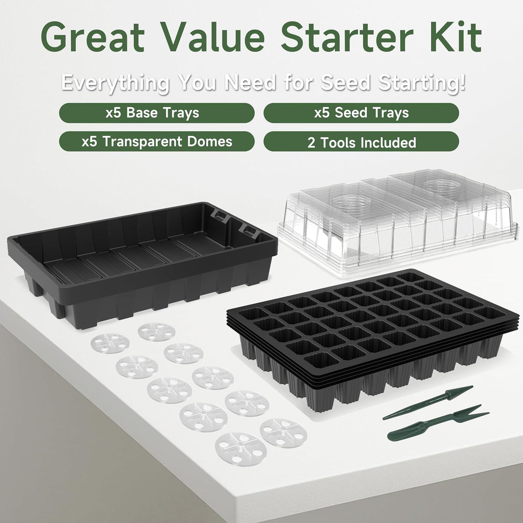 5-Set Seed Starter Tray Kits, Durable Plant Germination Trays with Humidity Vented Domes and Bases, Ideal for Seed Starting, Indoor Gardening, and Greenhouse (Total 200 Cells)