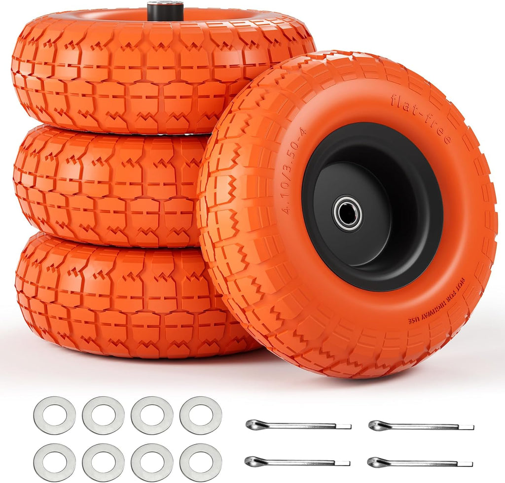 【UPGRADED】4.10 3.50-4 Tire and Wheel, 10 Inch Flat Free Tires 4 Pack with 5/8” Axle Bore Hole and Double Sealed Bearings, for Dolly Tires/Hand Truck/Dump Cart