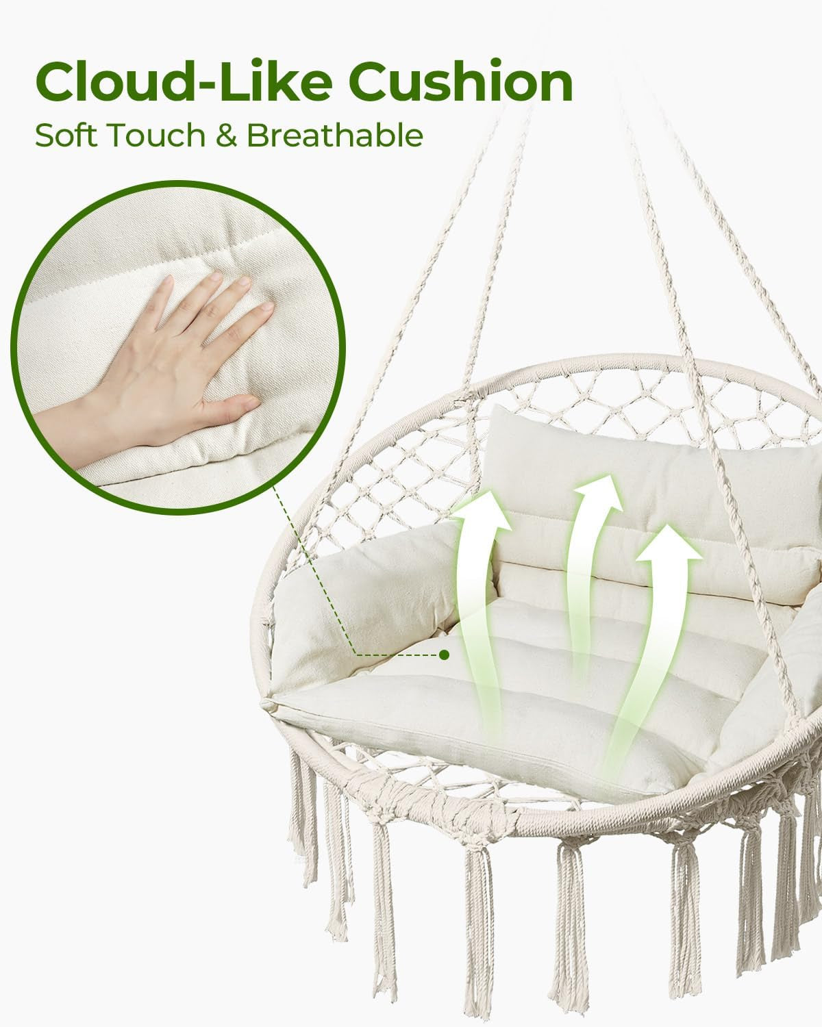 Hammock Chair, Macrame Swing Chair with Comfy Cushion, Boho Hanging Chair for Outdoor & Indoor, Perfect for Bedroom, Patio, Balcony, Hold up to 350Lbs, Beige