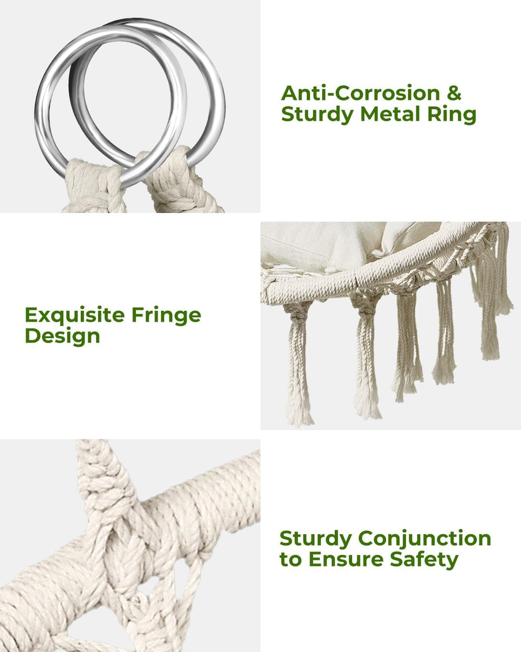 Hammock Chair, Macrame Swing Chair with Comfy Cushion, Boho Hanging Chair for Outdoor & Indoor, Perfect for Bedroom, Patio, Balcony, Hold up to 350Lbs, Beige