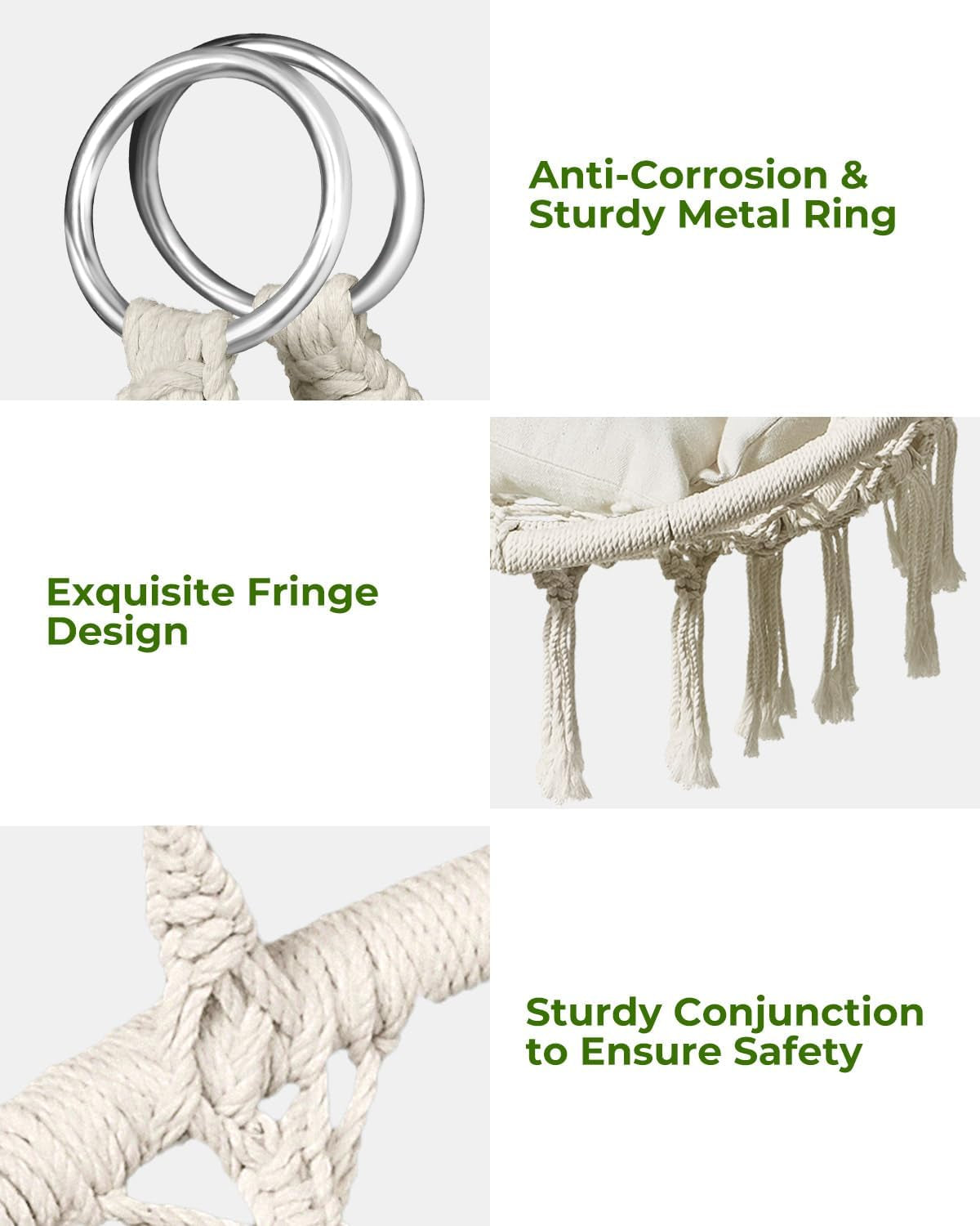 Hammock Chair, Macrame Swing Chair with Comfy Cushion, Boho Hanging Chair for Outdoor & Indoor, Perfect for Bedroom, Patio, Balcony, Hold up to 350Lbs, Beige