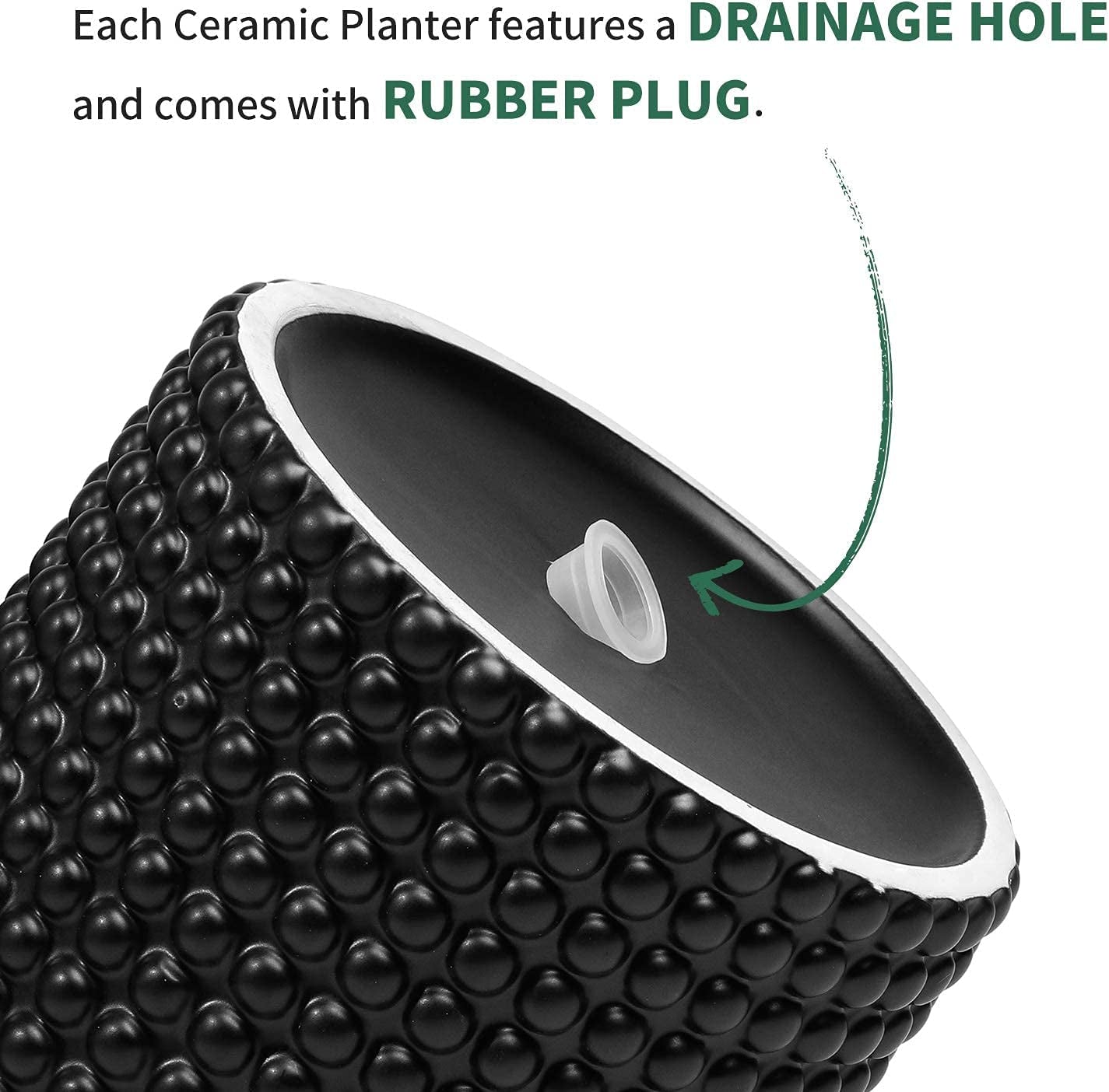 Black Ceramic Vintage Style Hobnail Patterned Planter Pots 6 and 5 Inch Containers with Watering Drain Plug for Indoor Succulent Plants or Flowers