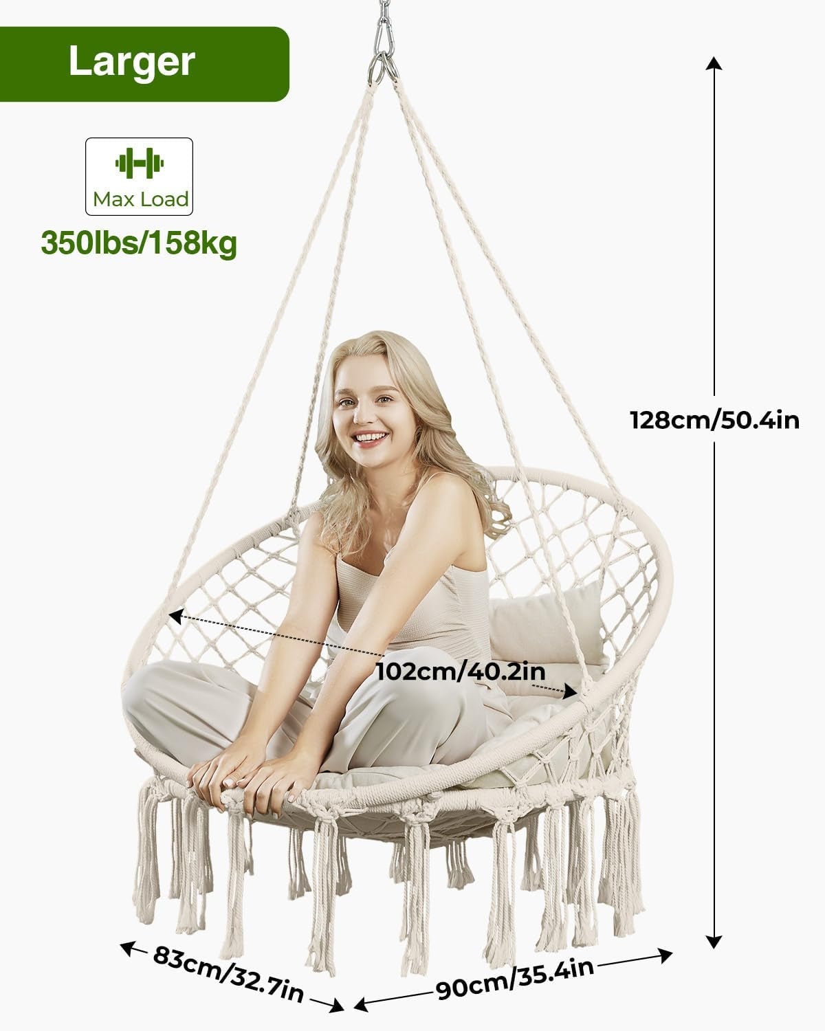 Hammock Chair, Macrame Swing Chair with Comfy Cushion, Boho Hanging Chair for Outdoor & Indoor, Perfect for Bedroom, Patio, Balcony, Hold up to 350Lbs, Beige