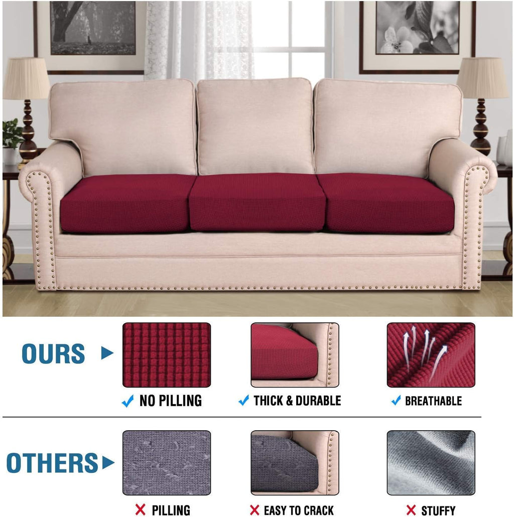 Super Stretch Individual Seat Cushion Covers - Sofa & Couch Cushion Slipcover Sets - Thick Jacquard Textured Twill Fabric (3 Piece XL Sofa Cushion Covers, Burgundy Red)