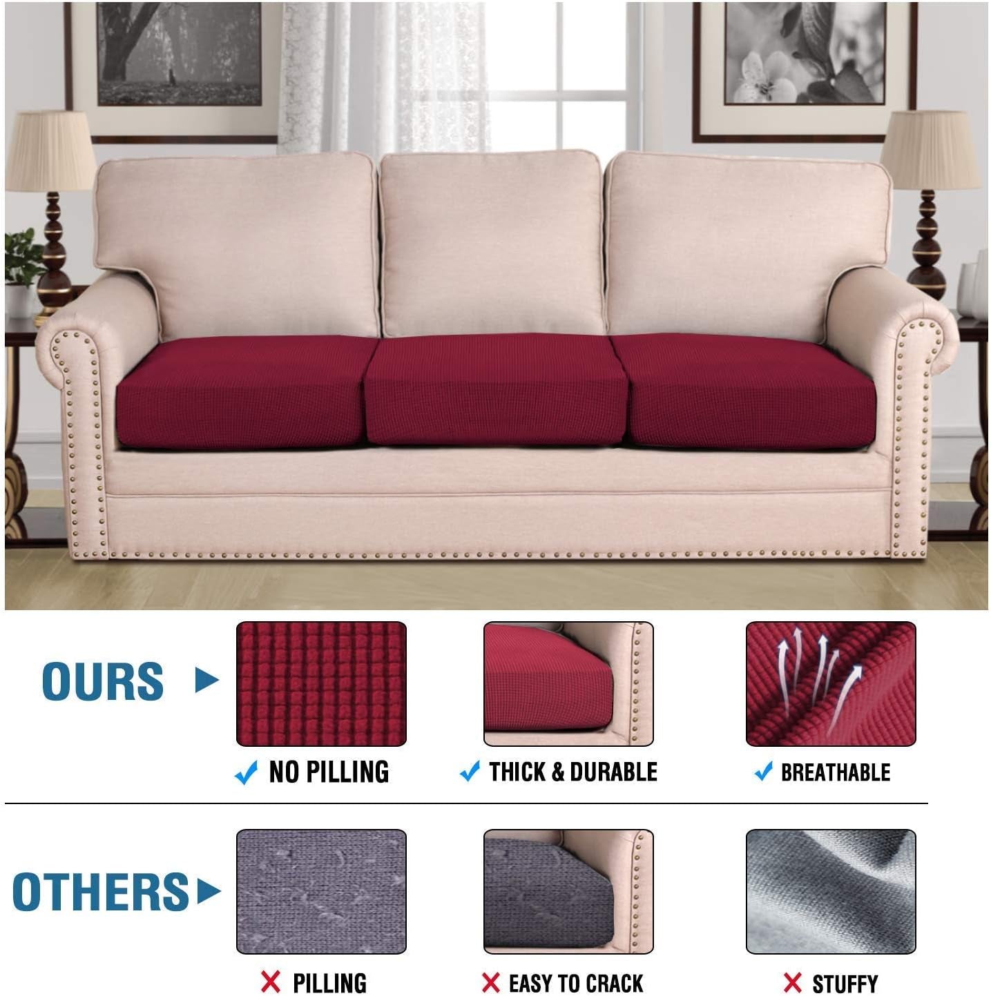 Super Stretch Individual Seat Cushion Covers - Sofa & Couch Cushion Slipcover Sets - Thick Jacquard Textured Twill Fabric (3 Piece XL Sofa Cushion Covers, Burgundy Red)