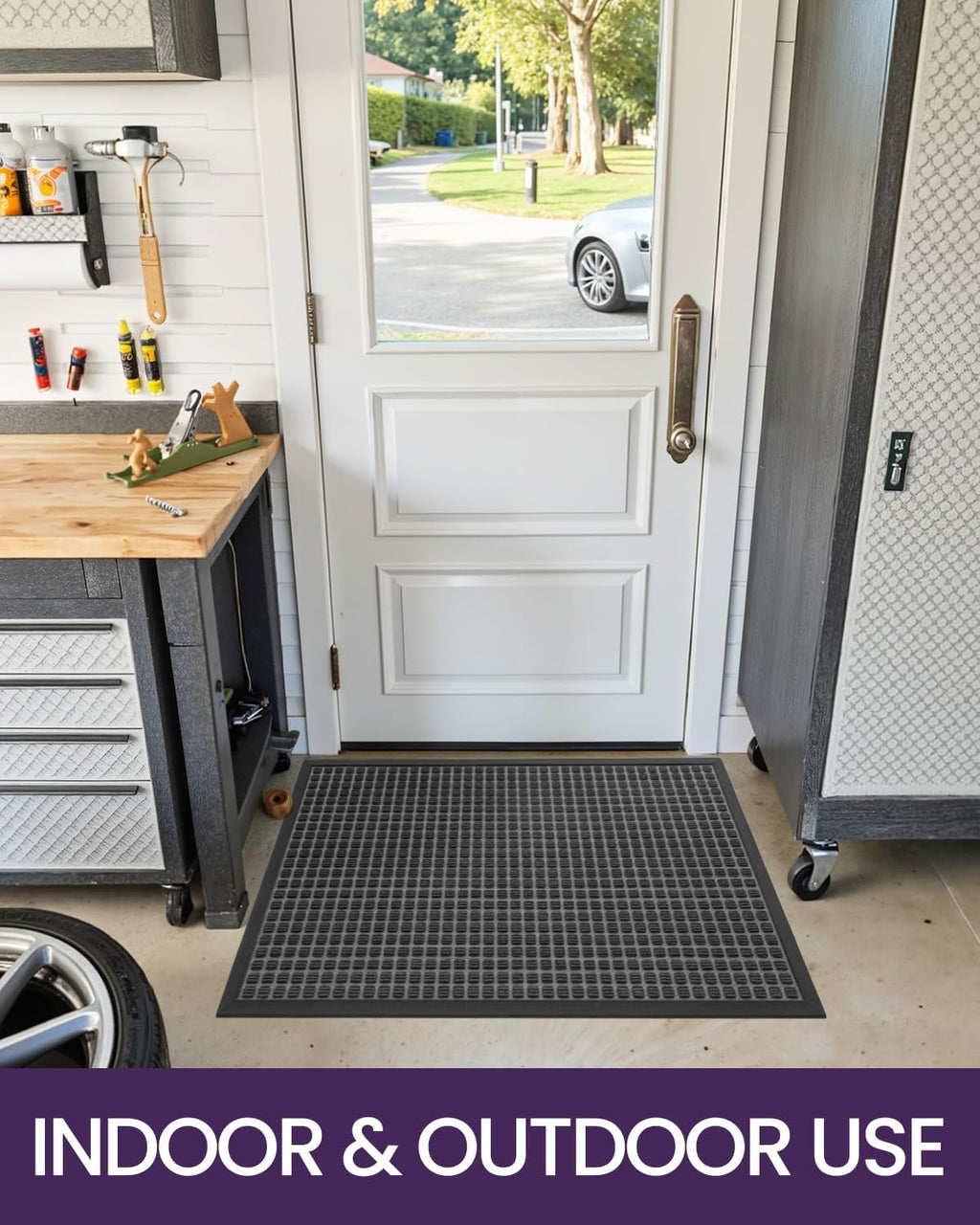 Front Door Mat outside Entrance, Rubber Entry Doormat Heavy Duty, Welcome Mats Non Slip for inside House Floor Entryway Back Doors Exterior Patio, 17X29 Squares Grey