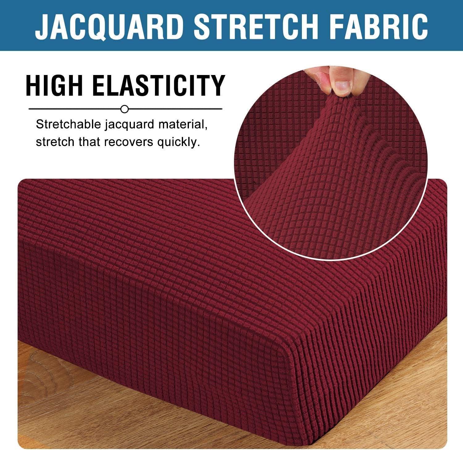Super Stretch Individual Seat Cushion Covers - Sofa & Couch Cushion Slipcover Sets - Thick Jacquard Textured Twill Fabric (3 Piece XL Sofa Cushion Covers, Burgundy Red)