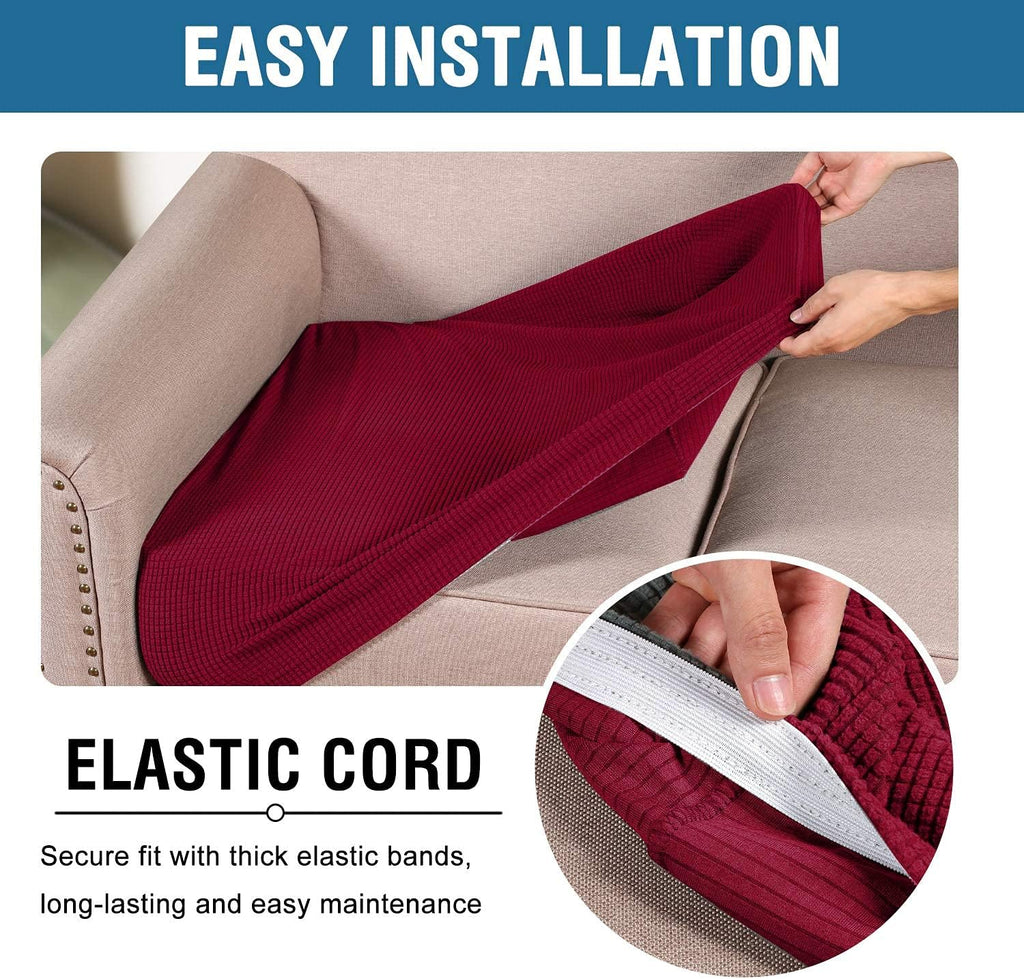 Super Stretch Individual Seat Cushion Covers - Sofa & Couch Cushion Slipcover Sets - Thick Jacquard Textured Twill Fabric (3 Piece XL Sofa Cushion Covers, Burgundy Red)