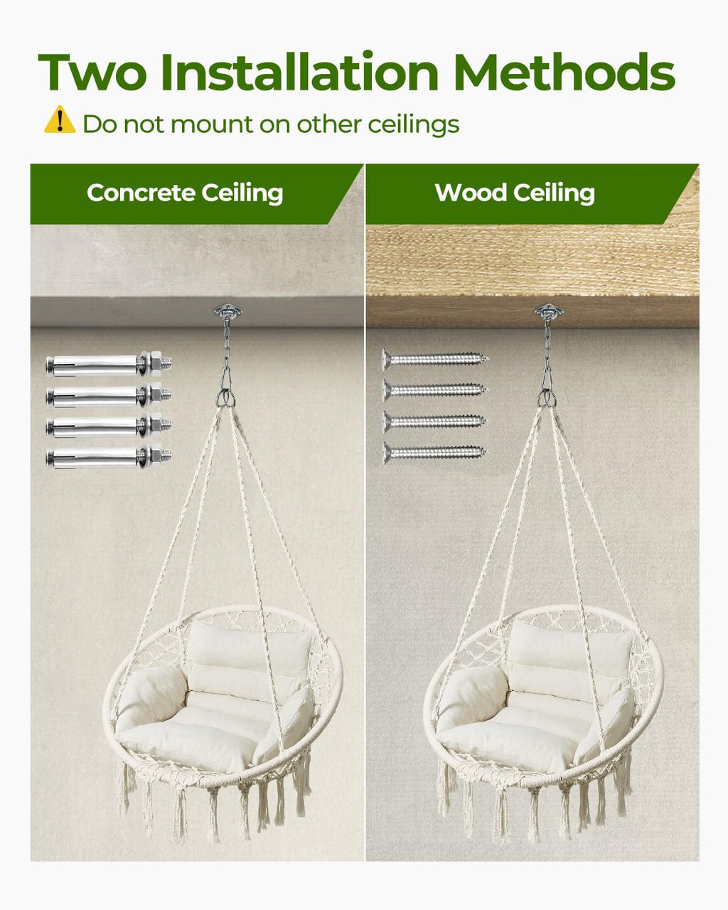 Hammock Chair, Macrame Swing Chair with Comfy Cushion, Boho Hanging Chair for Outdoor & Indoor, Perfect for Bedroom, Patio, Balcony, Hold up to 350Lbs, Beige