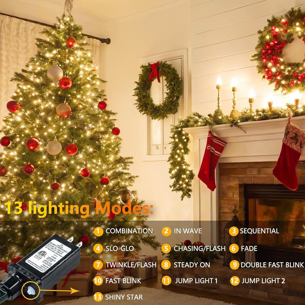 Connectable 200 LED Christmas Lights Indoor Outdoor with Timer, 66FT 13 Modes Warm White String Lights Waterproof, Twinkle Fairy Lights Plug in Clear Wire for Christmas Tree, Bedroom, Classroom Decor