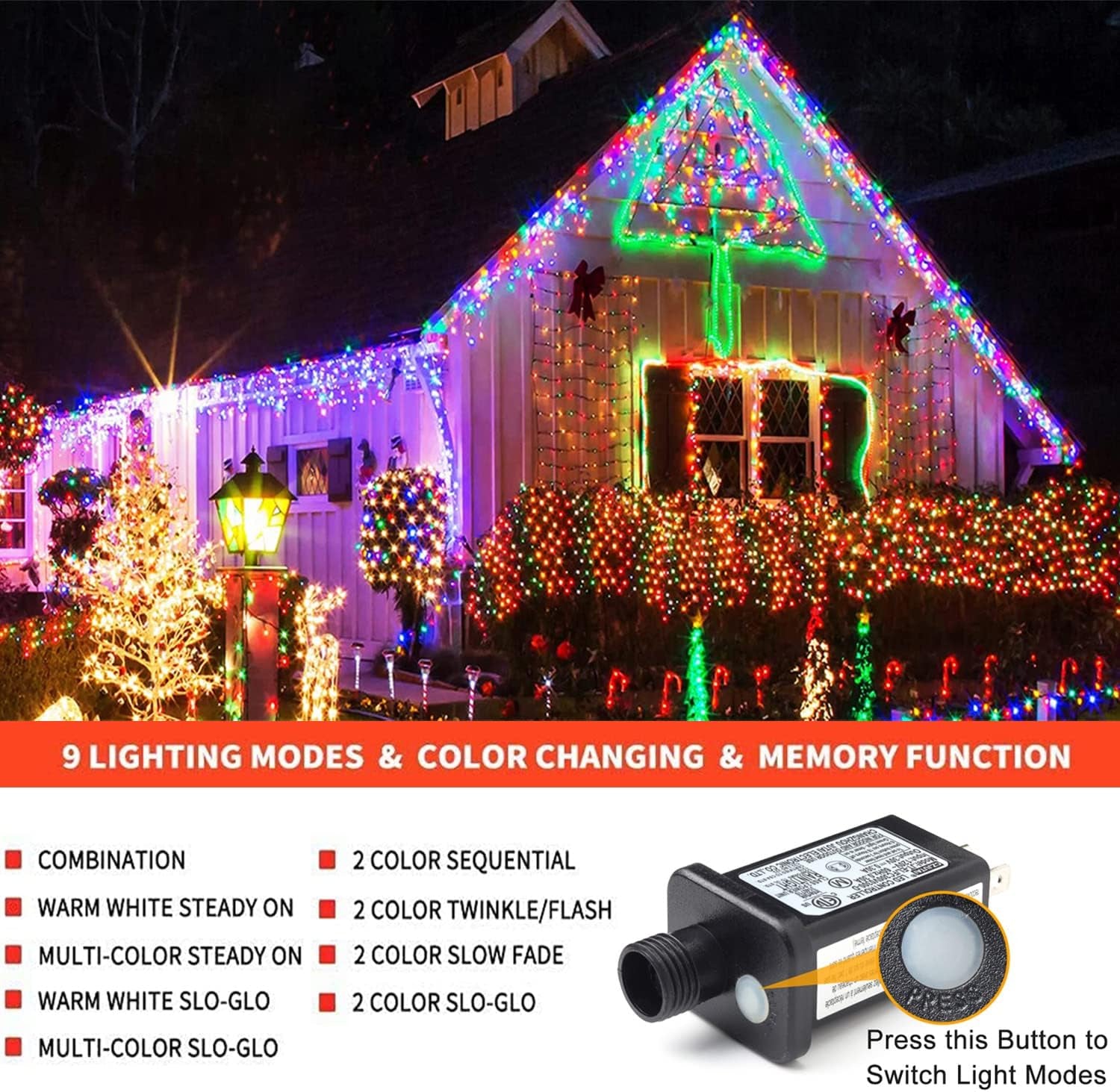 Haili Christmas Lights Outdoor,105Ft 300 LED Color Changing Lights with Timer Remote, UL Certified 9 Lighting Modes for House Christmas Tree Halloween, Garden, Party, Wedding Decoration