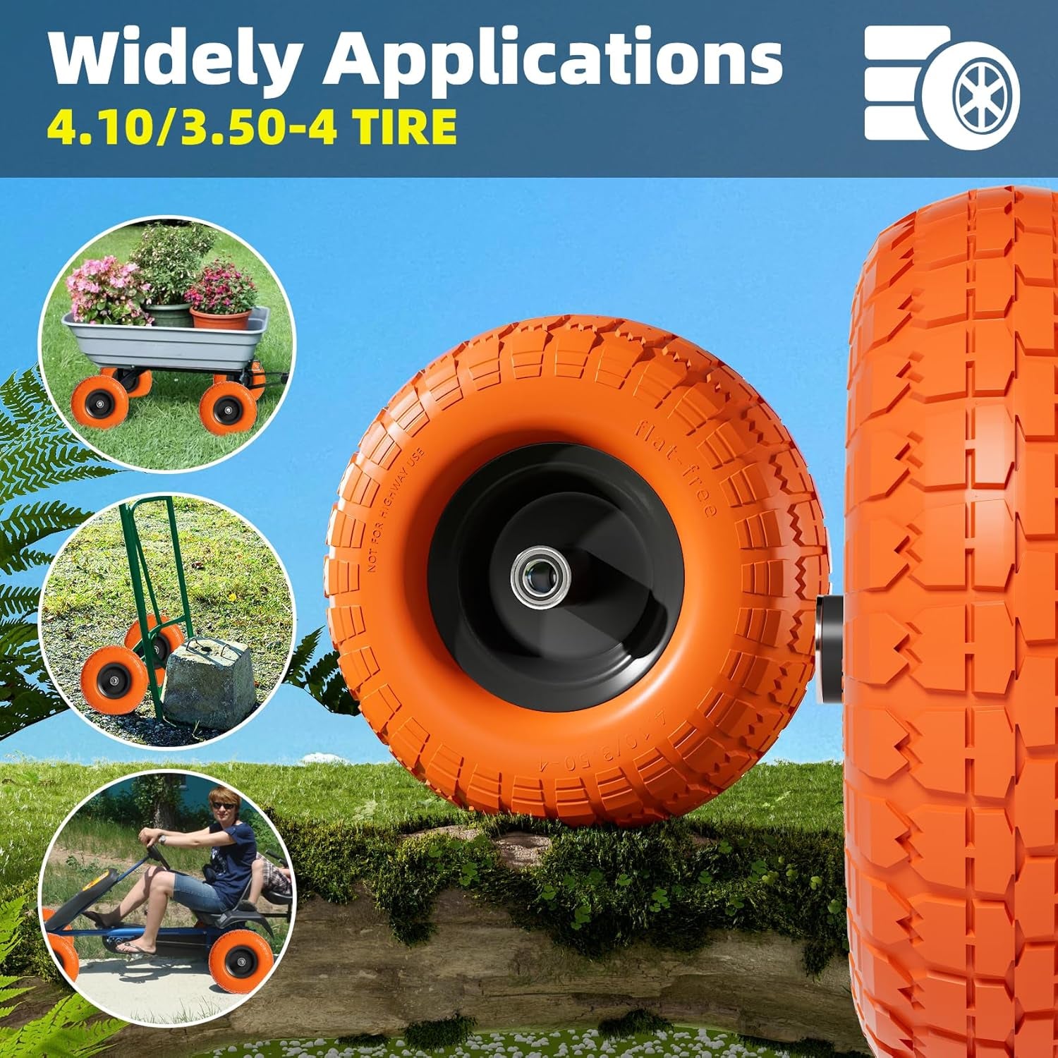 【UPGRADED】4.10 3.50-4 Tire and Wheel, 10 Inch Flat Free Tires 4 Pack with 5/8” Axle Bore Hole and Double Sealed Bearings, for Dolly Tires/Hand Truck/Dump Cart
