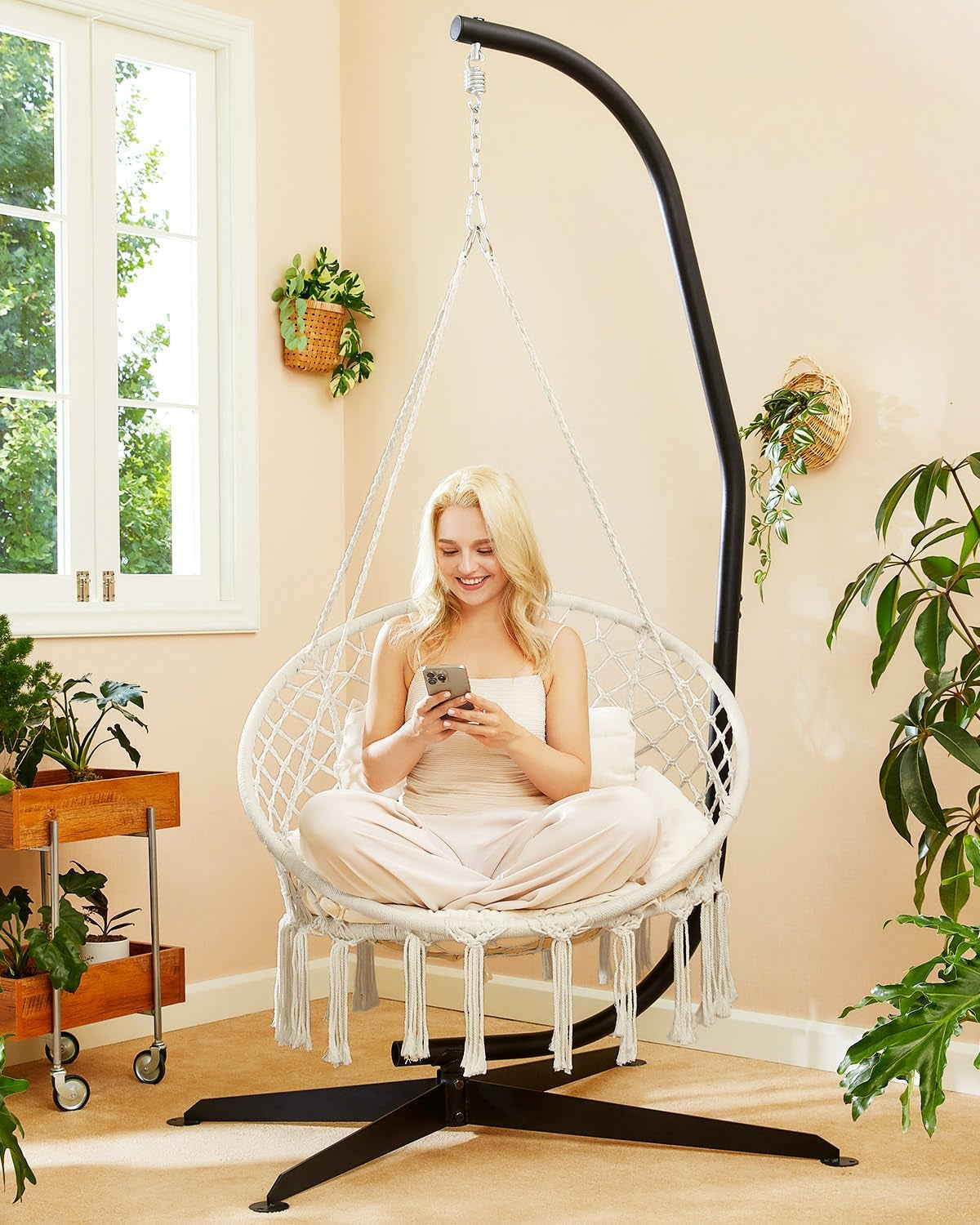 Hammock Chair, Macrame Swing Chair with Comfy Cushion, Boho Hanging Chair for Outdoor & Indoor, Perfect for Bedroom, Patio, Balcony, Hold up to 350Lbs, Beige