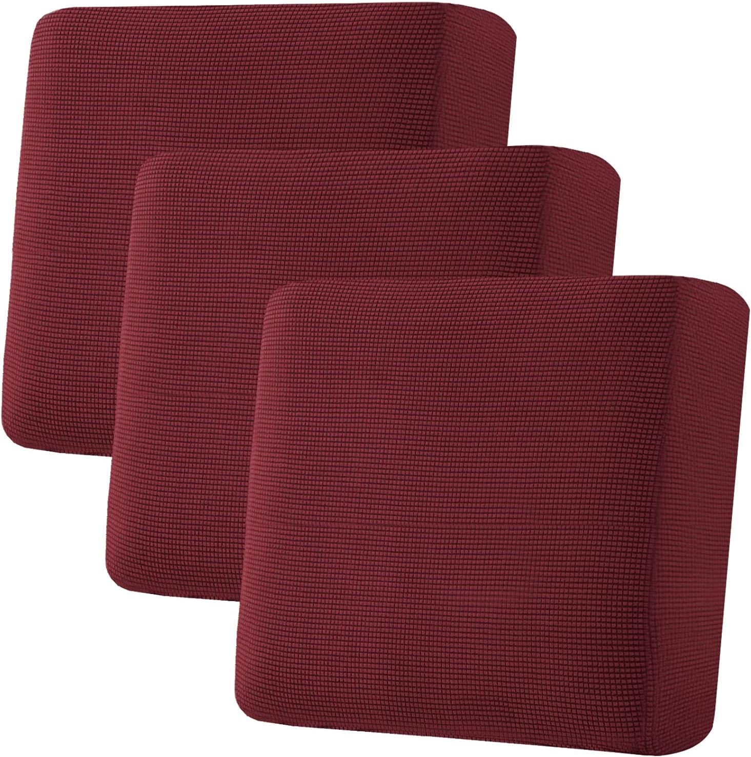 Super Stretch Individual Seat Cushion Covers - Sofa & Couch Cushion Slipcover Sets - Thick Jacquard Textured Twill Fabric (3 Piece XL Sofa Cushion Covers, Burgundy Red)