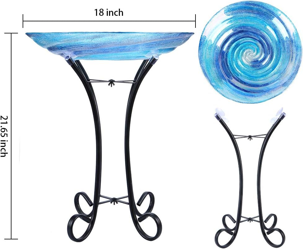 Outdoor Glass Birdbath with Metal Stand for Lawn Yard Garden Decor,18” Dia/21.65 Height