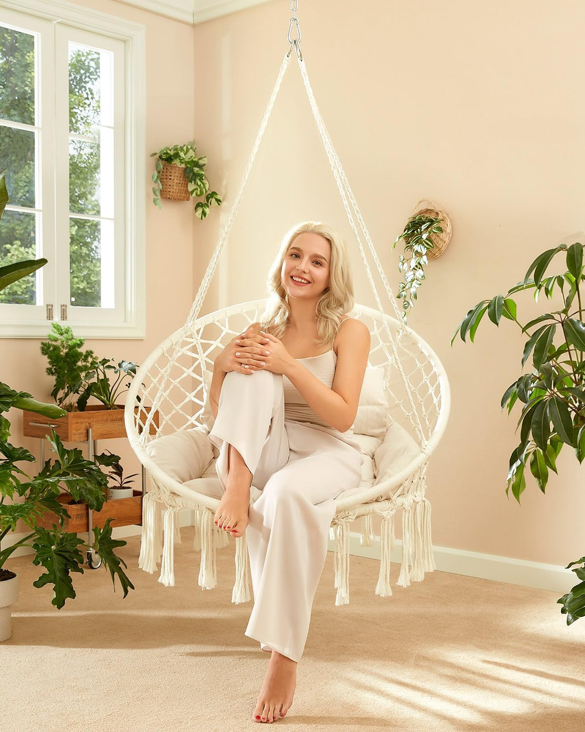 Hammock Chair, Macrame Swing Chair with Comfy Cushion, Boho Hanging Chair for Outdoor & Indoor, Perfect for Bedroom, Patio, Balcony, Hold up to 350Lbs, Beige